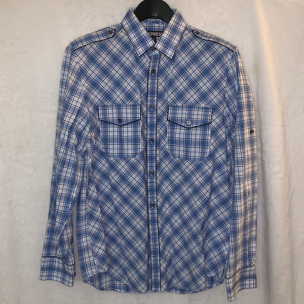 Express Men’s Long Sleeve Button Down Size Medium Modern Fit Blue Preowned